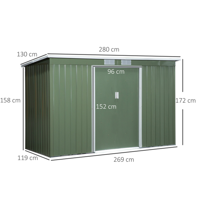 Outsunny Garden Shed, Садовий сарай, Садовий сарай з розсувними дверима, Вентиляційне вікно, Моноскатний дах, Відкритий, Сталевий, Світло-зелений, 280 x 130 x 172 см