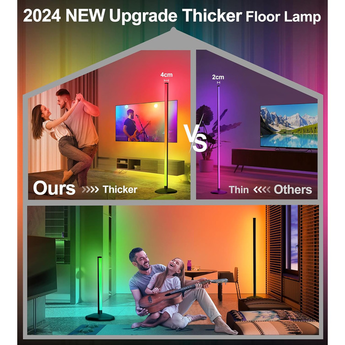 DeeprBling LED торшер для вітальні, диммований RGB світильник, керування пультом і додатком, 16 млн кольорів, музичні режими, таймер, EU-адаптер