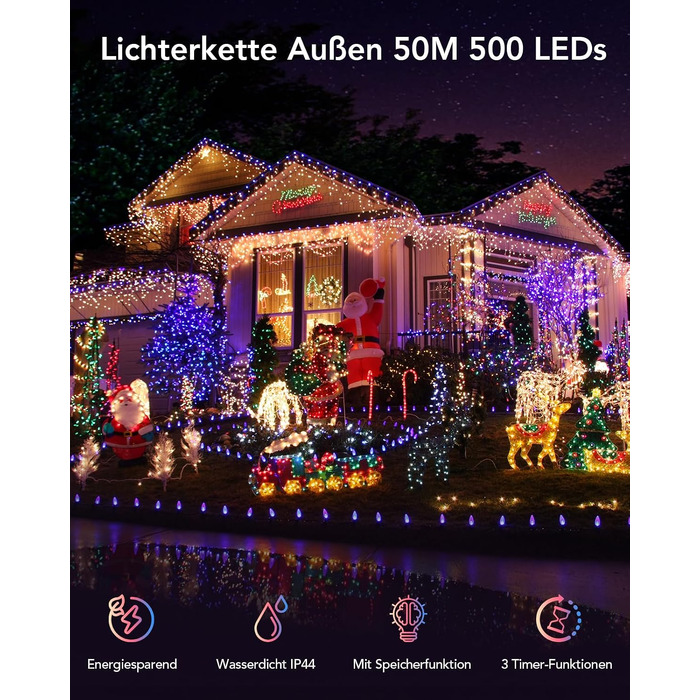 Світлодіодна гірлянда 50м 500 LED для вулиці та дому, водонепроникна з таймером та 11 режимами світла (теплий білий та кольоровий), для Різдва, весілля та вечірок
