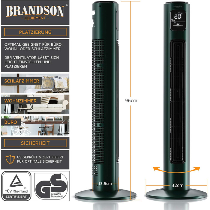 Турмовентилятор Brandson з пультом, 96 см, 3 швидкості, осциляція 60°, мобільний стовповий вентилятор, зелений, переможець 2024 року