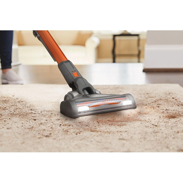 Акумуляторний пилосос BLACK+DECKER 4в1 18В 2.0Аг, безмішковий, для підлоги та ручний, з електрощіткою, бездротовий, комплект з насадкою для щілин, акумулятором, зарядним пристроєм і настінним кріпленням, Titanium/Orange