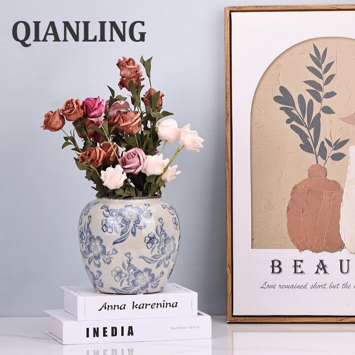 Ваза керамічна Blau-weiße Chinoiserie 27.9 см вінтажна для квітів та декорацій в стилі рустик, блакитна ваза для букета