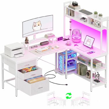 Кутовий L-подібний письмовий стіл Homieasy 150 см з LED-підсвіткою, шухлядою, USB та Type-C розетками, підставкою для монітора та полицею A4, білий