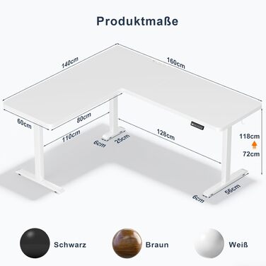 Регульований кутовий стіл JUMMICO L-подібний 160x140 см з пам'яттю висоти та кабельною організацією, білий - Ергономічний стіл для дому та геймінгу
