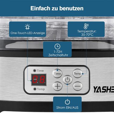 Електричний дегідратор YASHE GGJ-261A з 5 рівнями, регулюванням температури 35-70°C, 240W для фруктів та овочів, BPA-free (електронне керування)