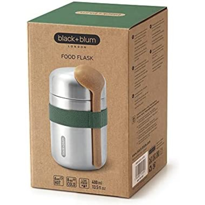 Термос для їжі BLACK+BLUM 400 мл, оливковий, вакуумний, з ложкою з деревних волокон, нержавіюча сталь, зберігає тепло 6 годин, холод 8 годин, герметичний
