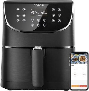 Розумна аерофритюрниця COSORI Smart WiFi 5,5л XXL з 13 програмами, керуванням через додаток та набором аксесуарів (6 предметів)