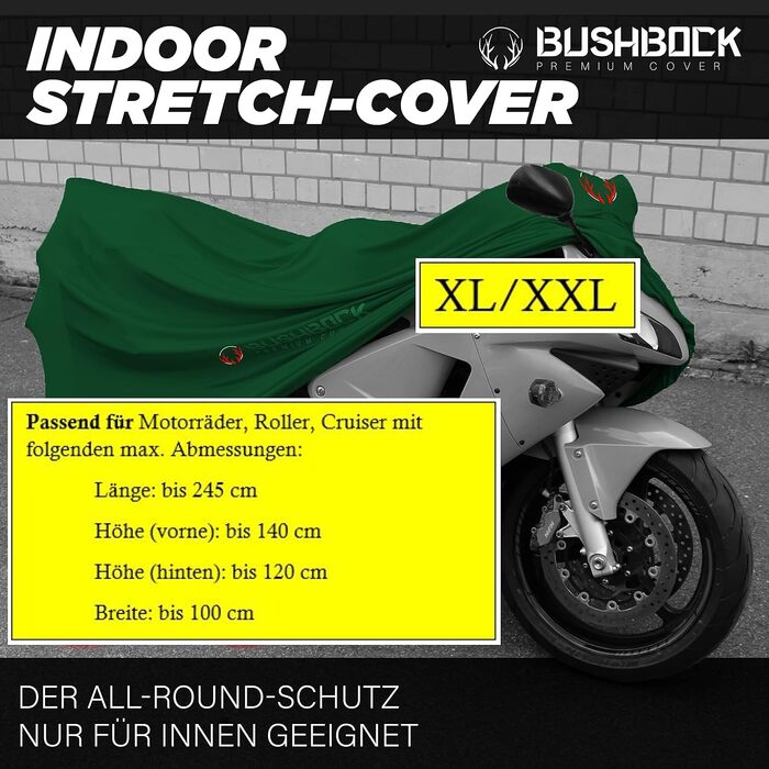 Преміум чохол для мотоцикла в приміщенні BUSHBOCK® — еластичний повітропроникний захист від пилу з оксамитового стрейч-тканини (XL-XXL, армійський зелений)