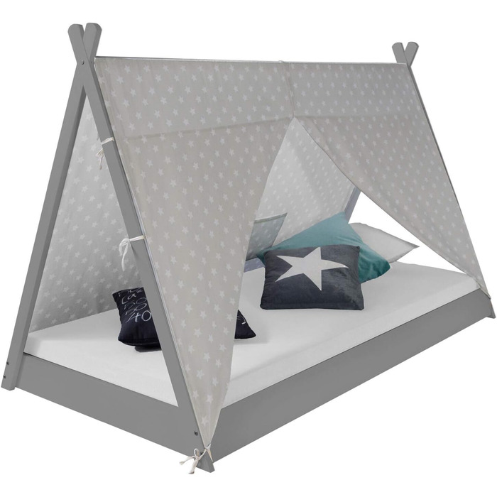 Дитяче ліжко Homestyle4u 90x200 см, тіпі, сіре-біле, зірки, дерев'яна сосна