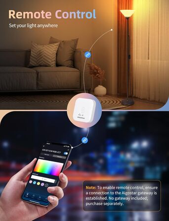 LED торшер Aigostar для вітальні та спальні, з Bluetooth Mesh G45 E27 6.5W лампою, димером, RGB та 2700K-6500K, з пультом, сумісний з Alexa