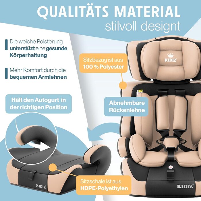 Автокрісло KIDIZ i-Size R129 100-150 см для дітей до 12 років, група 1/2/3 без Isofix, бежеве