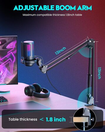 Мікрофон ігровий COCONISE RGB для ПК, стримінгу, подкасту, студії. USB мікрофон з 3.5 мм роз'ємом, регулюванням гучності та виносним кріпленням
