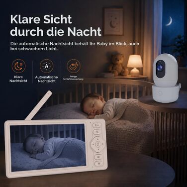 Відеоняня HelloBaby з WiFi та камерою: монітор з нічним баченням, датчиком руху, двостороннім аудіо та керуванням через додаток (5.5 дюймів, білий)