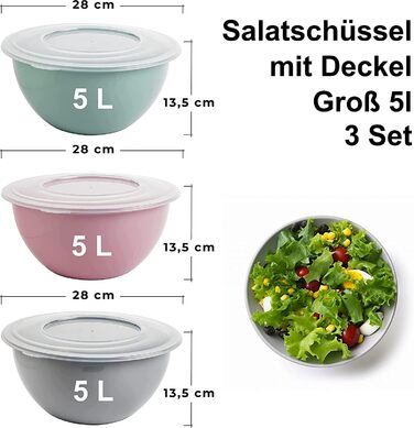 Набір салатниць з кришками 5л, 3 шт, BPA-free пластик, світло-сірий, пастельно-рожевий, пастельно-зелений, прозорі кришки, Ø28 см, Made in EU, модель Kai