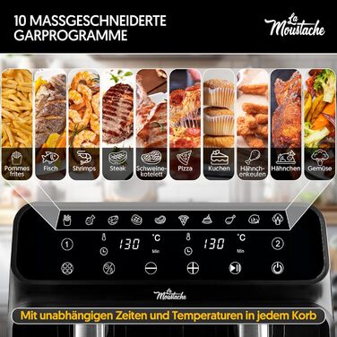 Фритюрниця La Moustache DuoFry 8 л з двома кошиками, електрична аерофритюрниця 1700 Вт, 10 програм, цифрове керування, антипригарне покриття, таймер, сірий колір, книга рецептів у комплекті