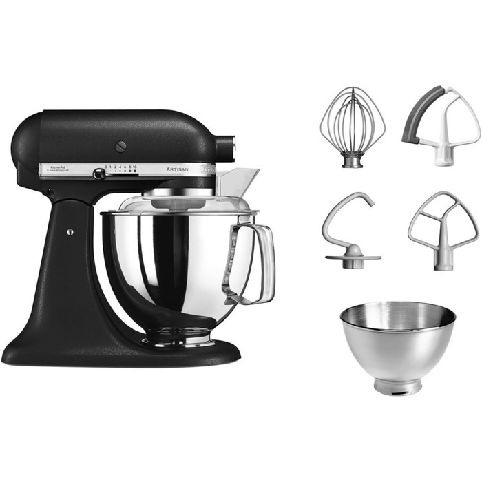 Кухонна машина KitchenAid Artisan: планетарний міксер з чашами з нержавіючої сталі 4.8 л та набором із 5 аксесуарів, чорний чавун