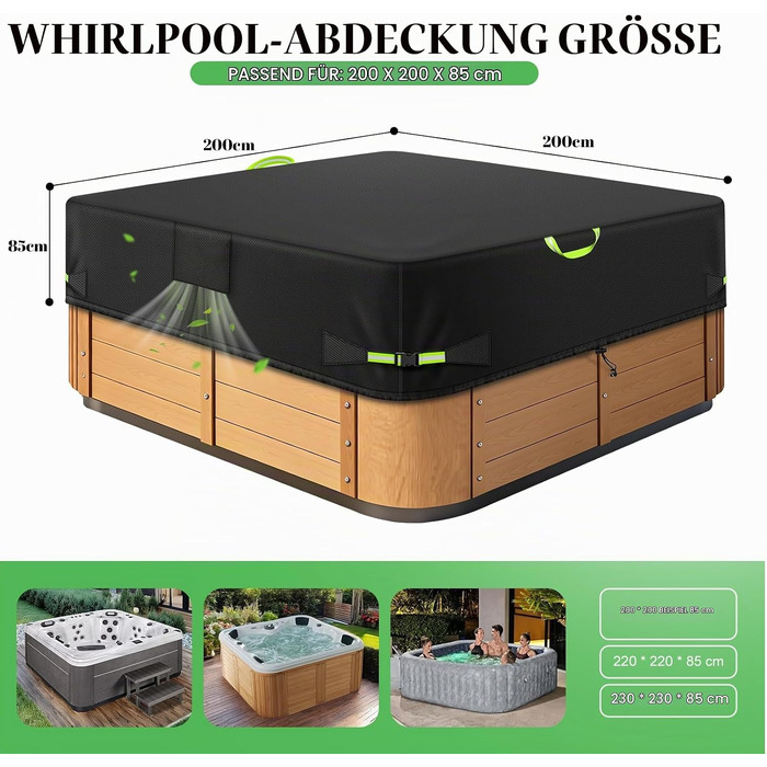 Водонепроникний чохол для гідромасажного джакузі Whirlpool з тканини Oxford 600D, термопокривало для SPA та Hot Tub з UV-захистом (чорний, 200x200x85 см)