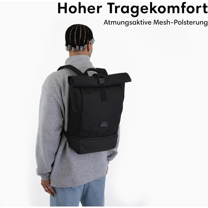 Рюкзак Johnny Urban Allen Medium чорний, водовідштовхувальний, 15л, rolltop, з відділенням для ноутбука, для університету, велосипеду, бізнесу, унісекс, екологічний