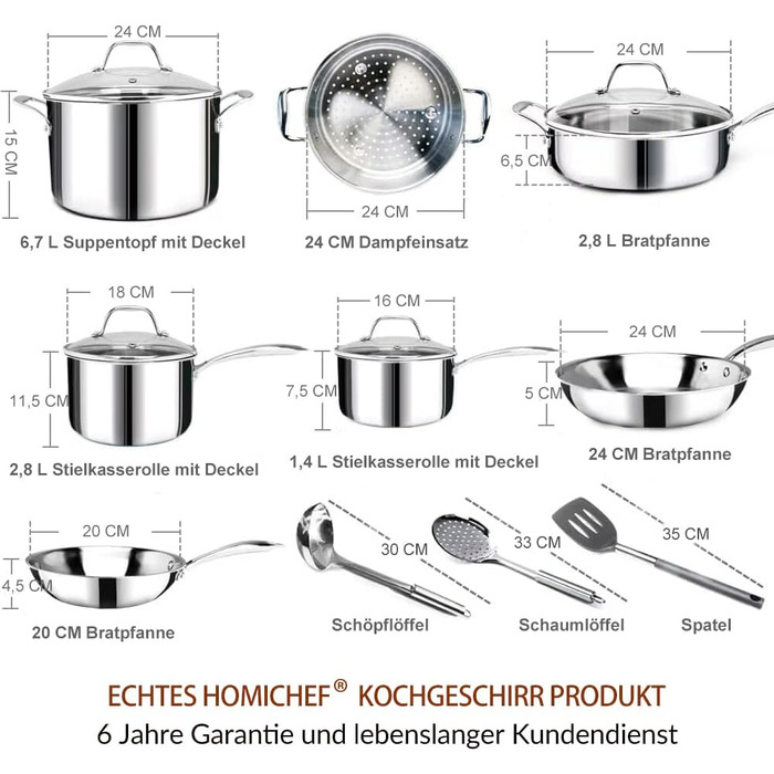 Набір посуду HOMICHEF 14 предметів з нержавіючої сталі 3-шаровий, індукційний, високоякісний