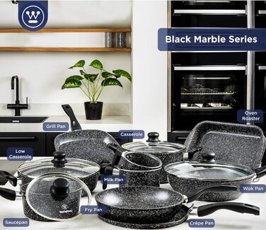 Каструля Westinghouse 28 см з кришкою, 3-шарове мармурове антипригарне покриття, литий алюміній, індукційна, силіконові ручки, чорна