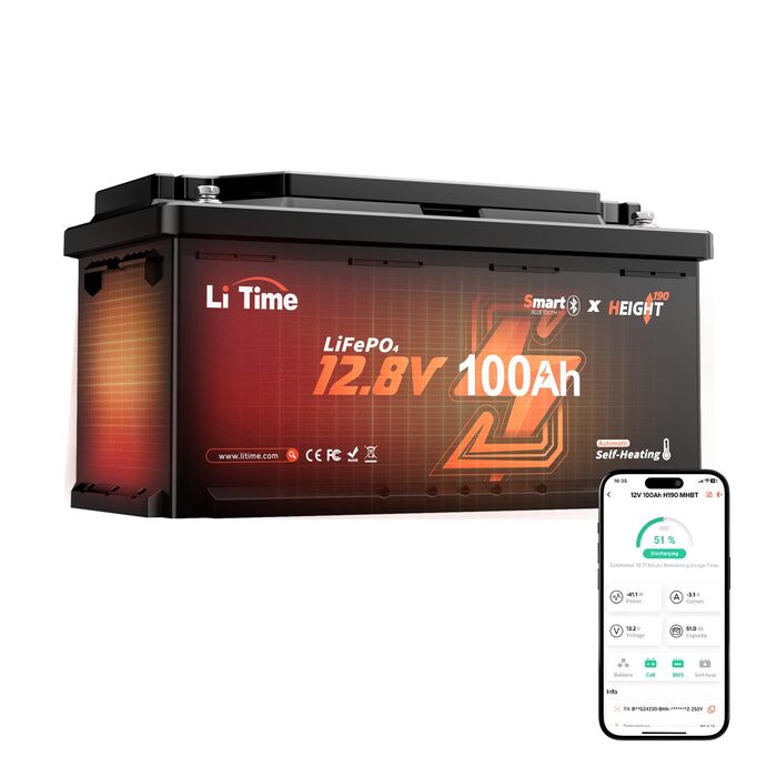LiFePO4 акумулятор LiTime 12V 100Ah H190 з Bluetooth для кемпінгу та будинків на колесах, літієва батарея