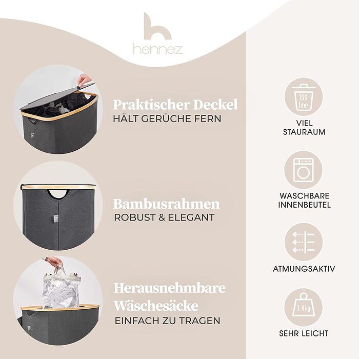 Бамбуковий кошик для білизни Hennez 150 л, 3 секції, з кришкою та мішком, сірий, органайзер для сортування прання