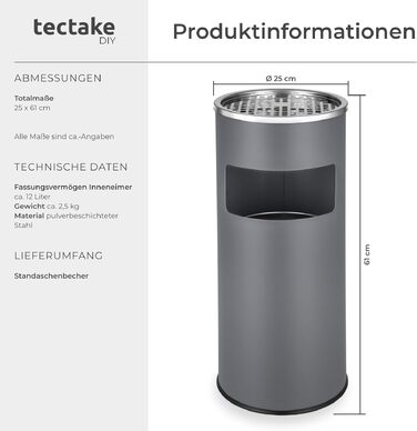 Попільничка вулична Tectake 30л з відром, антрацит Ø25x61 см - Аспіратор для попелу на вулицю