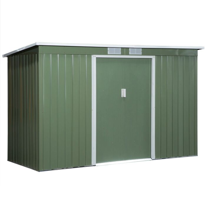 Outsunny Garden Shed, Садовий сарай, Садовий сарай з розсувними дверима, Вентиляційне вікно, Моноскатний дах, Відкритий, Сталевий, Світло-зелений, 280 x 130 x 172 см