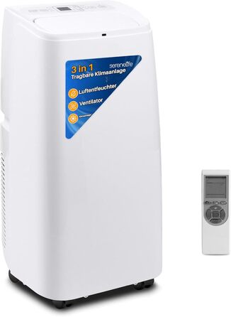 Мобільний кондиціонер SereneLife 3-в-1 з трубкою, 12 000 BTU, осушувач і вентилятор, для приміщень до 25 м², з пультом, видаляє 1,8 л вологи/год, білий