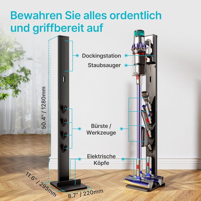 Підставка для акумуляторного пилососа Dyson з 4 гаками та 4 полицями, сумісна з Dyson Gen5, V15, V12, V11, V10, V8, V7, V6 – без свердління, для зберігання пилососа та аксесуарів