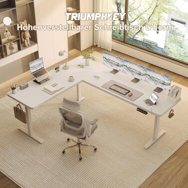 Ергономічний кутовий стіл TRIUMPHKEY з електроприводом, регульованою висотою та пам'яттю, 160x140 см, білий. Комп'ютерний стіл з кабельною системою