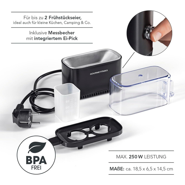 Електрична яйцеварка GOURMETmaxx на 2 яйця, енергозберігаюча, компактна, BPA free, з мірним стаканом і голкою, чорна