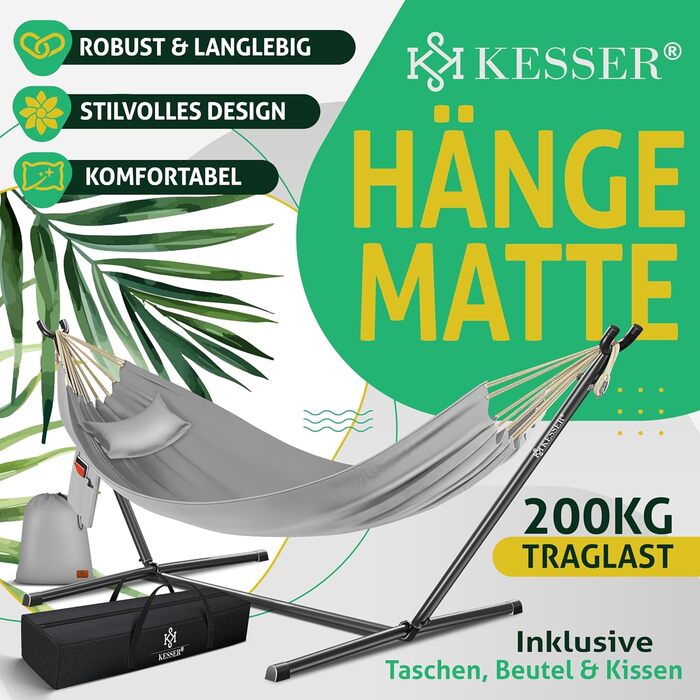 Гамак KESSER® Lake з каркасом для двох осіб, 200 кг, для дому та саду, XXL, з подушкою, сірий
