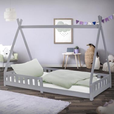 Дитяче ліжко Tipi ML-Design 90x200 см, світло-сіре, з бортиком і ламелями, з масиву сосни, індіанський будиночок для дівчаток і хлопчиків, ігрове ліжко-затишне намет-домік
