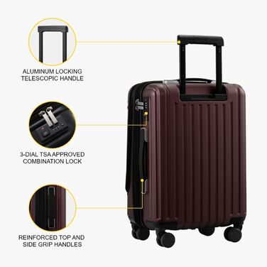 Валіза LEVEL8 для ручної поклажі, легка, ABS+PC, жорсткий корпус, розширювана, TSA-замок, 4 колеса, 55 см, 36-42 л, червона