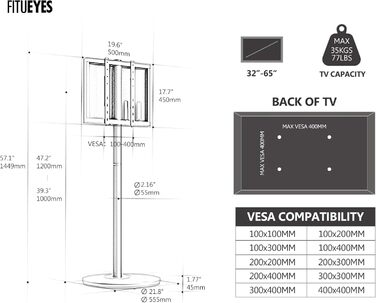 FITUEYES мобільна стійка для телевізора 32-65'' з коліщатками, регульована по висоті, мінімалістичний дизайн, для дому та офісу