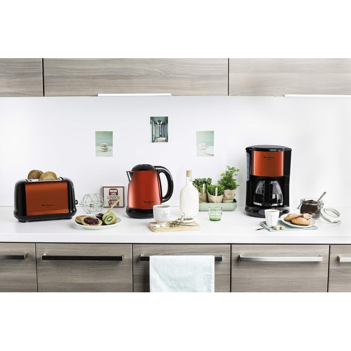 Тостер Moulinex LT261D Subito, 850 Вт, 2 слоти, червоно-чорний, з підставкою для булочок, регульовані ступені підсмажування, розморожування та підігрів