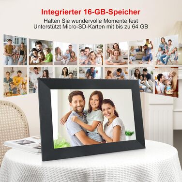Frameo Цифровий фоторамка 10,1 дюймів Wi-Fi, FHD IPS сенсорний екран, Smart фоторамка з 16GB, автоматичне обертання, обмін фото та відео, можливе кріплення на стіну