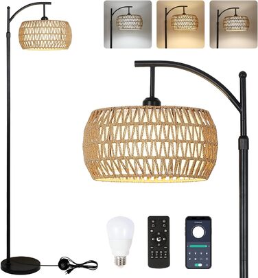 Димована торшерна лампа Rayofly для вітальні, з пультом і керуванням через додаток, у стилі бохо, з абажуром із ротангу та льону, вінтажна підлогова лампа для спальні, модель A2, чорна