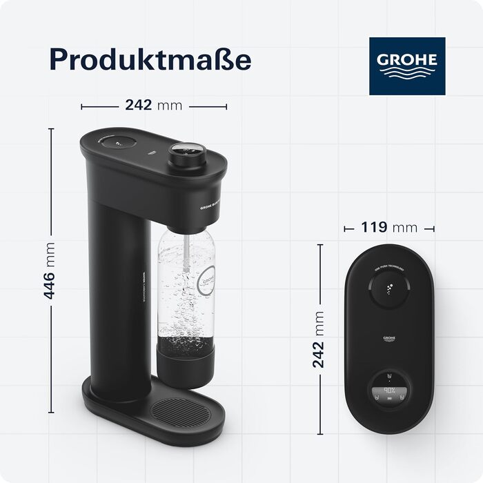 Сифон для газування води GROHE Blue Fizz Starter Set, чорний (3 рівні газування, пляшка 0.85л, CO2-дисплей), 31943K00