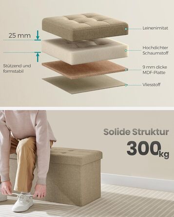 Складана банкетка SONGMICS з місцем для зберігання, 110×38×38 см, кришка на петлях, навантаження до 300 кг, для передпокою, вітальні, спальні, колір кемел