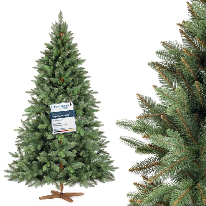 Штучна ялинка FAIRYTREES Nordmann Premium 220 см, білий засніжений сосновий колір, PVC, з натуральними шишками та дерев'яною підставкою