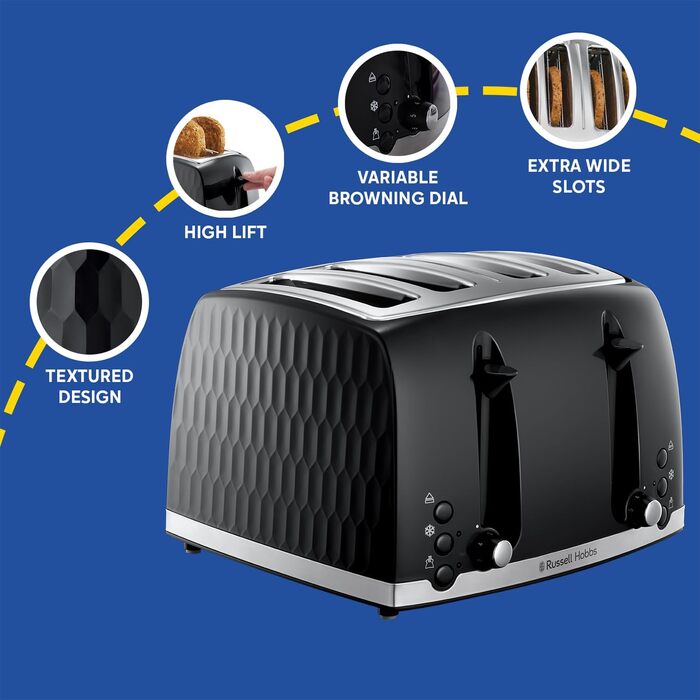 Тостер Russell Hobbs 26071 на 4 тости, чорний: сучасний дизайн, широкі слоти, підйомний механізм