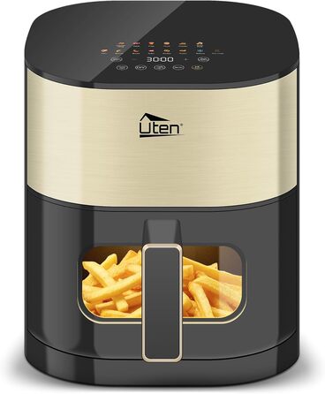 Електрична аерофритюрниця Uten Dual Blaze 2000 Вт, 5,5 л, 14 програм, без олії, із віконцем, золота, квадратна
