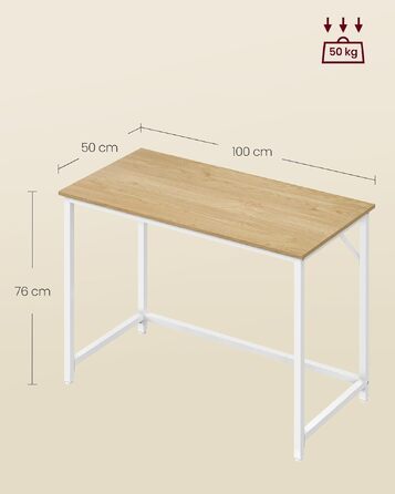 Комп'ютерний стіл VASAGLE для офісу та дому, робочий стіл 100 x 50 x 76 см, колір дуб натуральний та перламутровий білий, LWD041W70V2