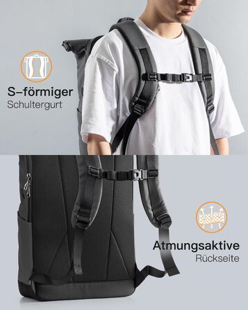 Inateck RollTop рюкзак 25-30 л для чоловіків і жінок, міський велосипедний рюкзак для ноутбука 17'', шкільний, для університету, подорожей, роботи та спорту, сірий
