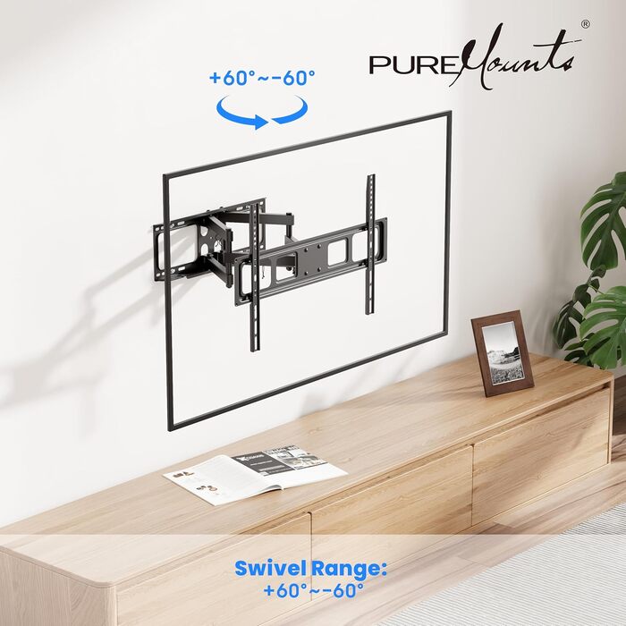 Настінний кронштейн для ТБ та монітора PureMounts, нахильний та поворотний, VESA 100x100 мм, до 20 кг, для діагоналі 32-70 дюймів, чорний