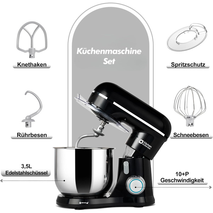 Кухонний комбайн Kitchen in the box Kompakte — планетарний міксер та тістоміс 3.5 л, 10 швидкостей, з насадками (гак, вінчик, міксер), чорний