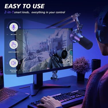 MAONO PD200XS Динамічний XLR/USB мікрофон з RGB підсвіткою, комплект із тримачем, програмним забезпеченням, кнопкою вимкнення звуку та регулятором гучності для подкастів, стрімінгу, запису, геймінгу, ПК, Mac, PS4/5, мікшер, чорний