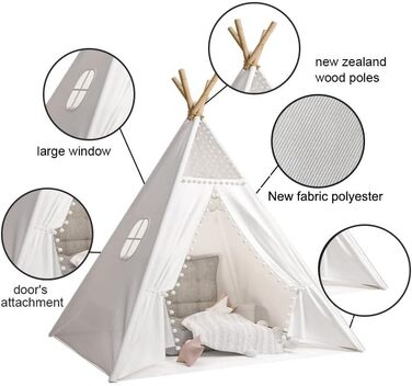 Kinder Tipi Zelt - класичне індіанське ігрове намет для дітей, бавовняний намет для дівчаток та хлопчиків з сумкою, складане ігрове домік для дому або на вулицю (A1)